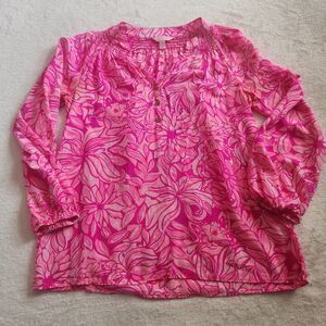 Lilly Pulitzer Elsa Silk Top Blouse Pawsitive Cattitude Pink Floral Small